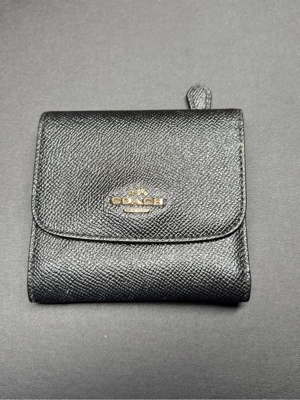 Coach Black Pebbled Leather Compact Wallet with Gold Logo